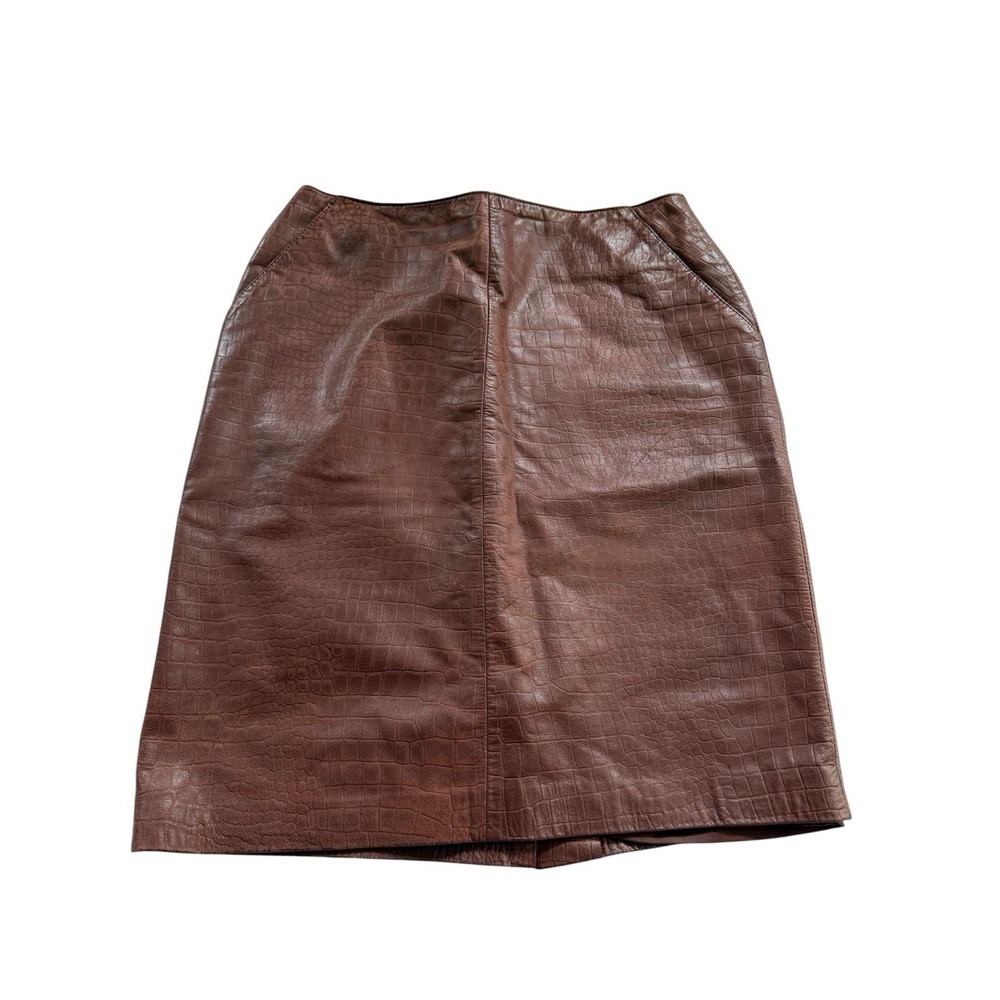 Vintage Evan Davies women's brown leather embossed lined‎ skirt size 8